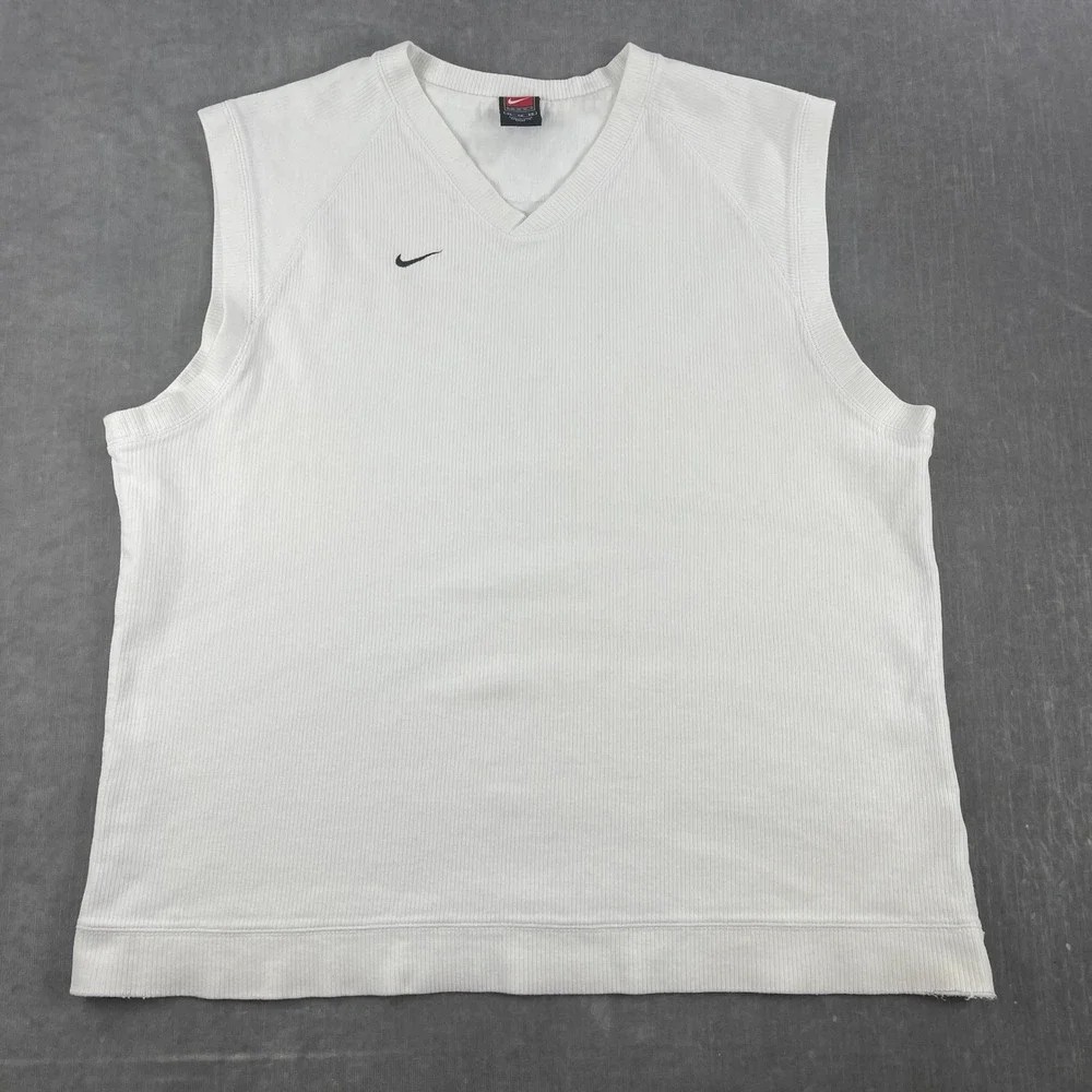 Nike Men XL White Sweater Vest Ribbed V-Neck Embroidered Swoosh Vintage